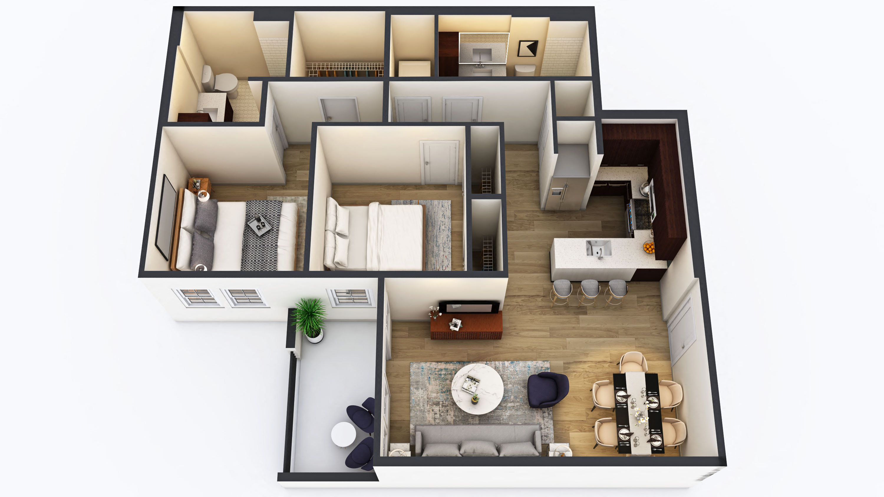 Floor plan for 2 beds, 2 baths, 1079 sqft